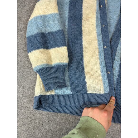 Vintage 50s Striped Cardigan Sweater Mens Small Blue White Button Up Cozy Knit - Picture 2 of 10